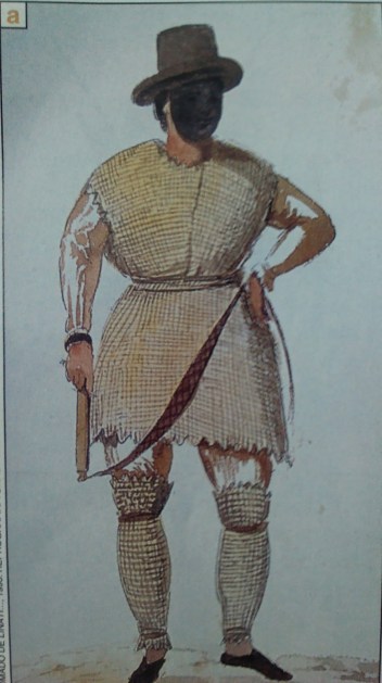 Dibujo de Claudio Litani de 1828 que reproduce a un "empetatado" en el carnaval que se celebraba en Palenque. 