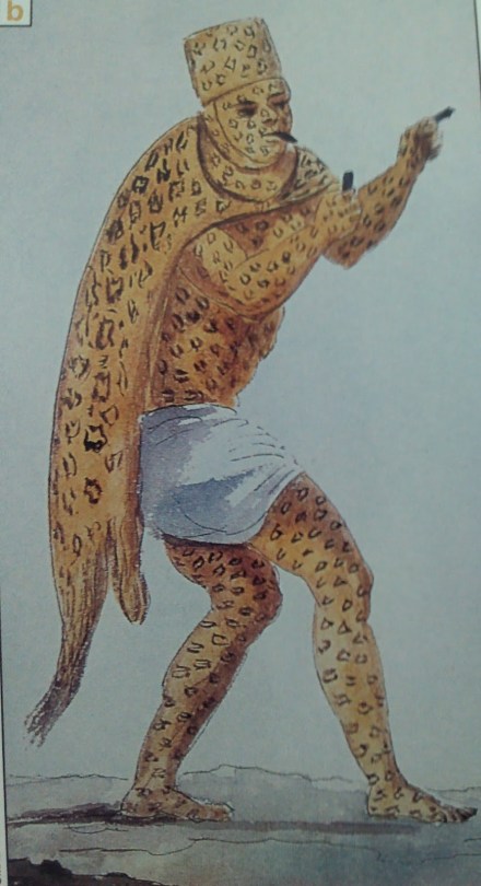 Dibujo de Claudio Litani en 1828 de un tigre en el carnaval que se celebraba en Palenque. 