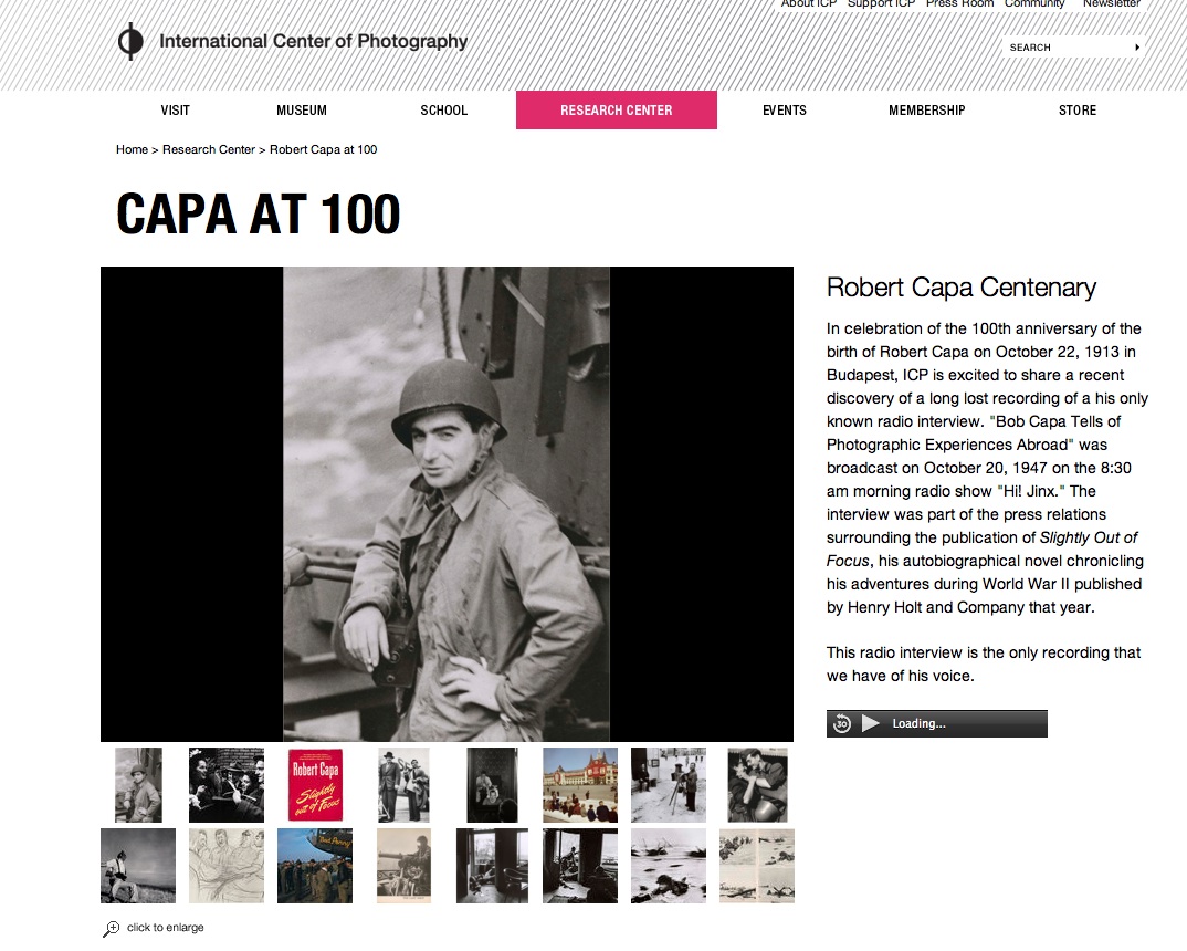 La página del International Center of Photography con el anuncio de la grabación de Robert Capa. 