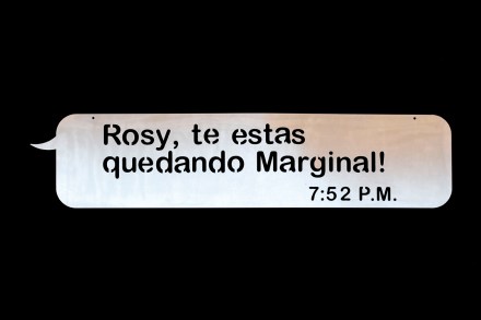 De la serie El poder de lo indisoluble. Rosy González, 2015. Placa de metal.